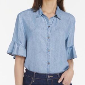 Beach Lunch Lounge Chambray Button Down Ruffle Sleeve Size S